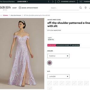 Jules and Cleo Off-the-Shoulder A-Line Prom or Bridesmaid Ballgown Dress Purple